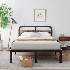 H50-14-cm Bosrii Full Size Heavy Duty Platform Bed Frame With Rustic Wood Headboard