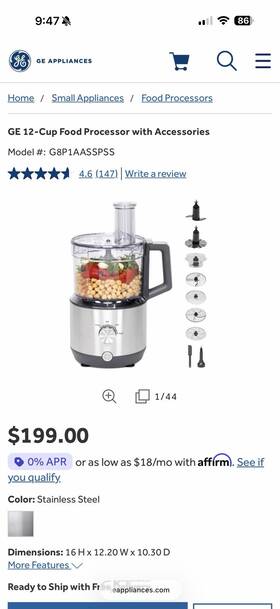 G8p1assp1ss Ge Food Processor 12 Cup Complete Msrp 199