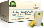 100 Sets - 24 Oz. Disposable Clear Plastic Cups With Flat Lids And Straws. Fixed Price $27.99.