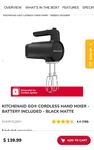 Kitchenaid Cordless 7 Speed Hand Mixer - Matte Black. Fixed Price $80.00.