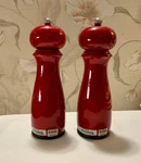 Set Of Two (2) Trudeau Scarlet Lacquered Metal Manual Salt & Pepper Mills. Fixed Price $37.50.