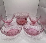 Crinkle Morgantown Seneca Pink Sherbet Glasses, Berry Bowls, Candy Dish. Fixed Price $39.50.