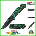 MU-A001 Spring Assist Folding Knife 3.25" Black Blade & Green Skull Design. Fixed Price $24.29.