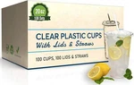100 Sets - 20 Oz. Disposable Clear Plastic Cups With Flat Lids And Straws. Fixed Price $26.99.