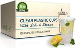 100 Sets - 16 Oz. Disposable Clear Plastic Cups With Flat Lids And Straws. Fixed Price $25.90.